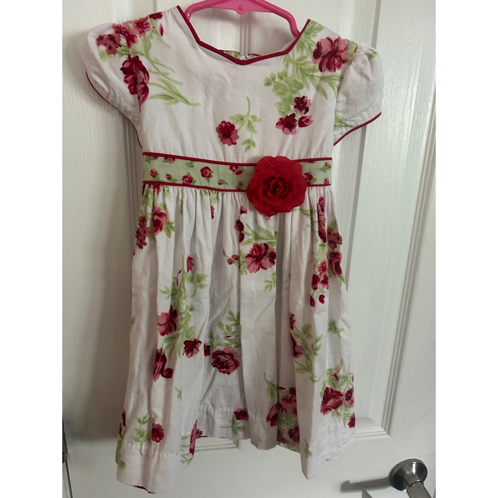 Hartstrings Floral Dress White Red Rose Print Cotton Sash Tie Special Occasion